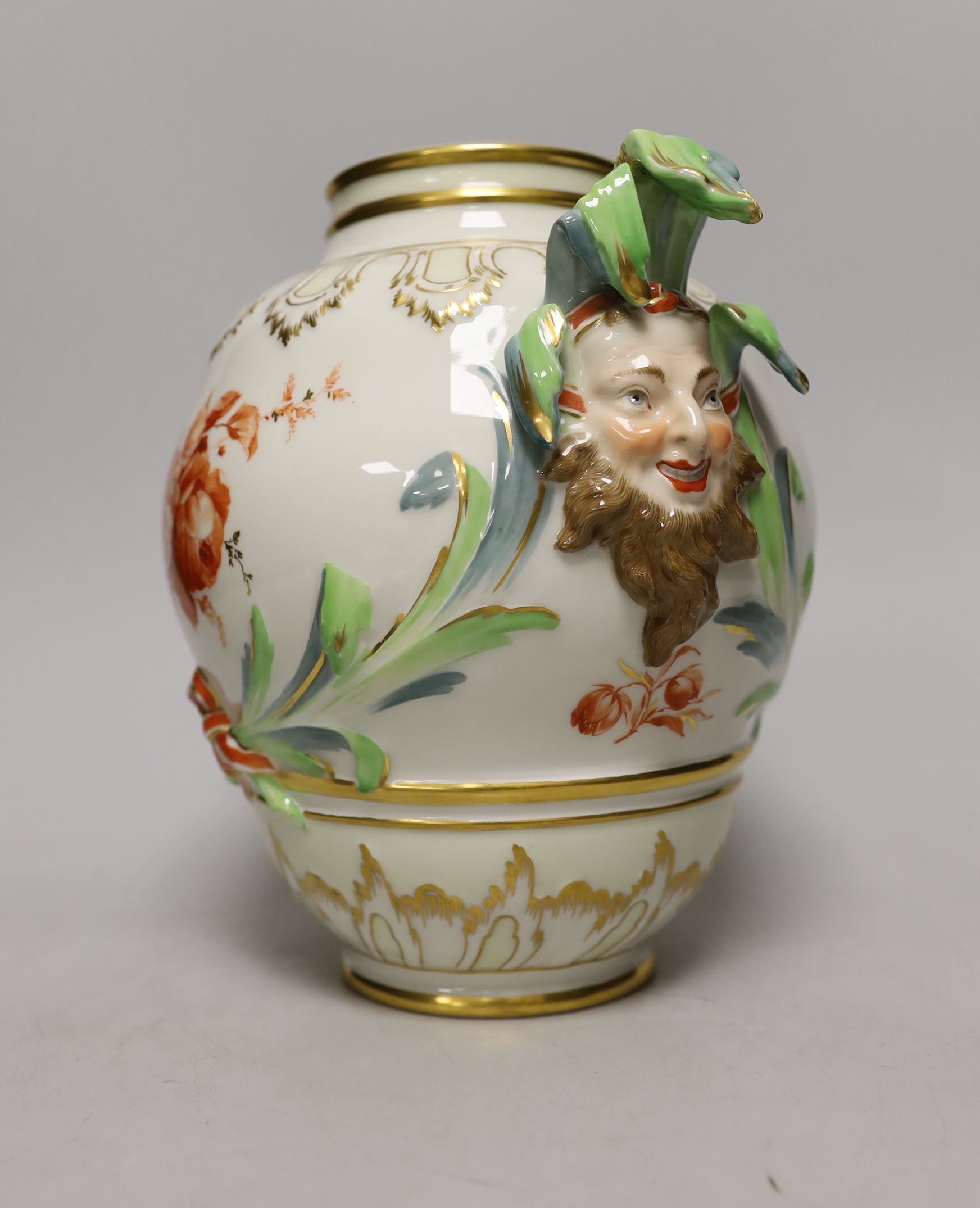 A Meissen onion pattern dish, a similar pin dish and a Berlin KPM vase (drilled), KPM vase 21cm high